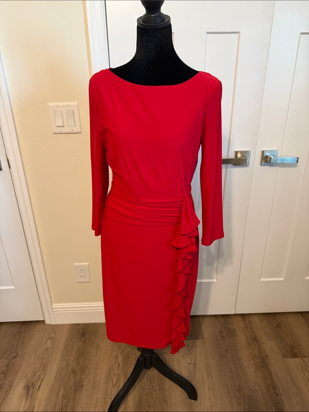Red Long-Sleeve Ruffle Sheath Dress